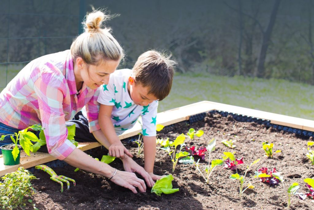 mom and child gardening