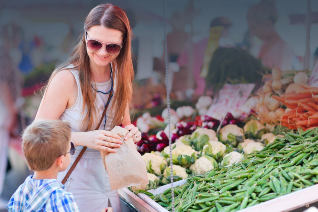 mom and son at farmer's market
